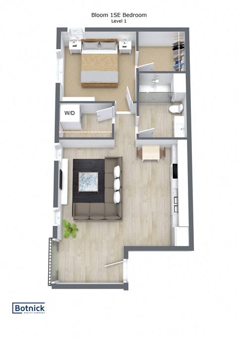 Floor plan for 1 bed, 1 bath, 624 sqft